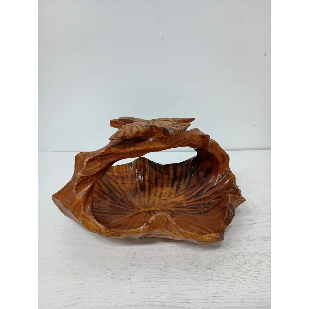 Vintage Hand Carved Wood Bird Basket Brown Rustic Farmhouse Decor Art